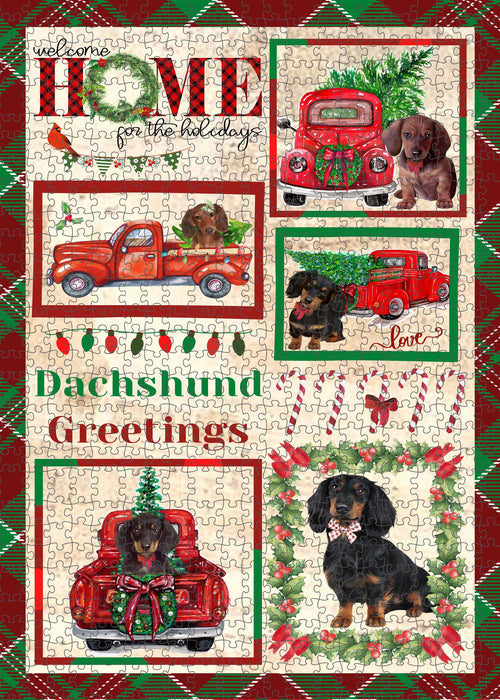 Welcome Home for Christmas Holidays Dachshund Dogs Portrait Jigsaw Puzzle for Adults Animal Interlocking Puzzle Game Unique Gift for Dog Lover's with Metal Tin Box
