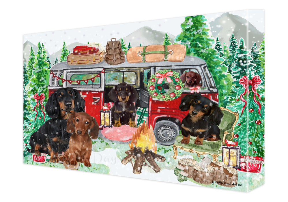 Christmas Time Camping with Dachshund Dogs Canvas Wall Art - Premium Quality Ready to Hang Room Decor Wall Art Canvas - Unique Animal Printed Digital Painting for Decoration