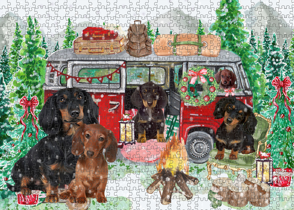 Christmas Time Camping with Dachshund Dogs Portrait Jigsaw Puzzle for Adults Animal Interlocking Puzzle Game Unique Gift for Dog Lover's with Metal Tin Box