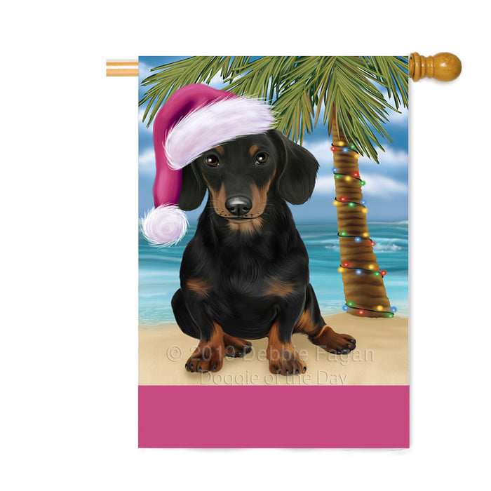 Personalized Summertime Happy Holidays Christmas Dachshund Dog on Tropical Island Beach Custom House Flag FLG-DOTD-A60523