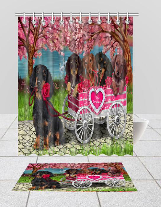I Love Dachshund Dogs in a Cart Bath Mat and Shower Curtain Combo