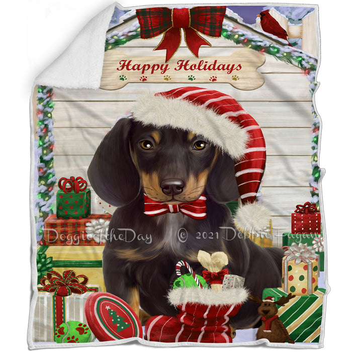 Happy Holidays Christmas Dachshund Dog House with Presents Blanket BLNKT78528