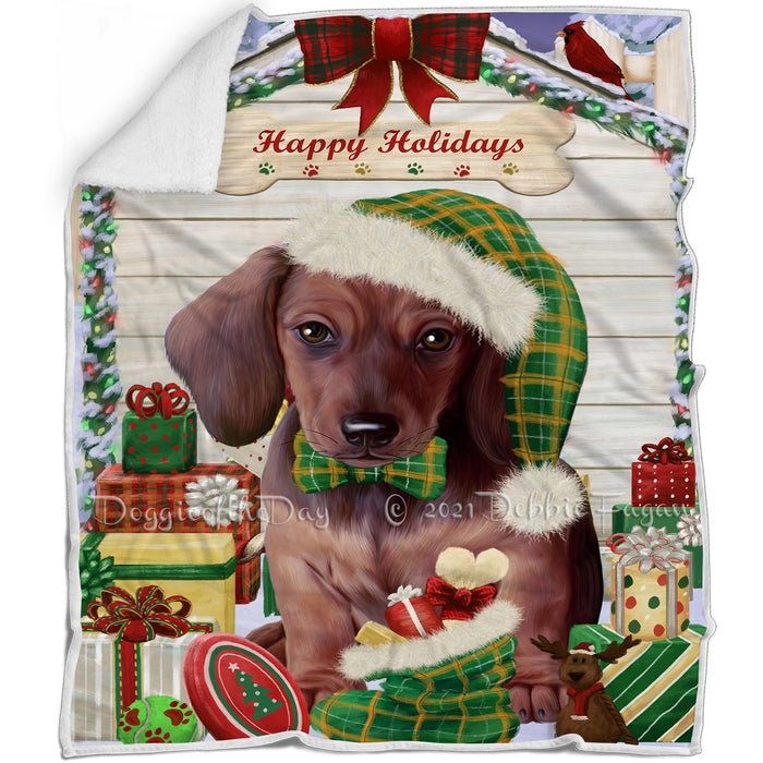Happy Holidays Christmas Dachshund Dog House with Presents Blanket BLNKT78501