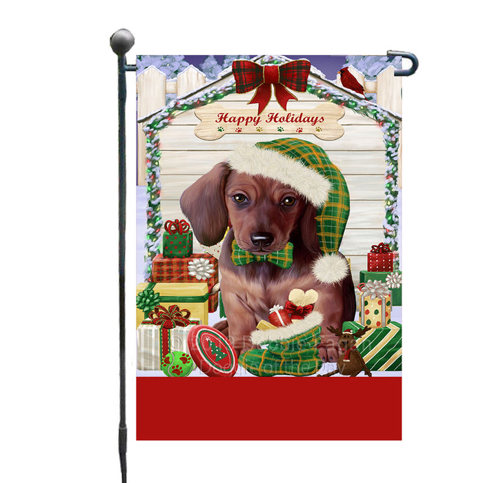 Personalized Happy Holidays Christmas Dachshund Dog House with Presents Custom Garden Flags GFLG-DOTD-A59317