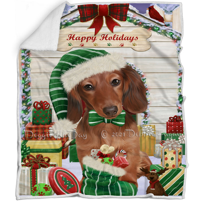 Happy Holidays Christmas Dachshund Dog House with Presents Blanket BLNKT78510