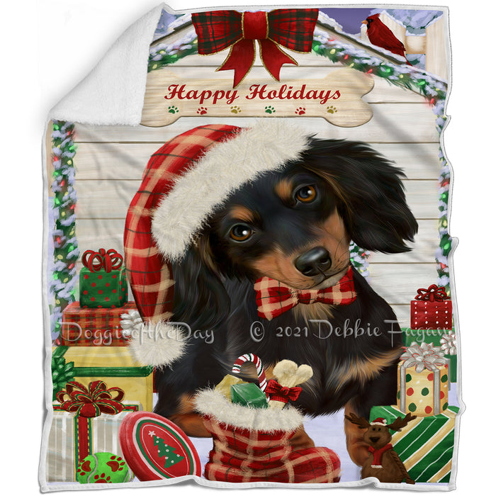 Happy Holidays Christmas Dachshund Dog House with Presents Blanket BLNKT78519