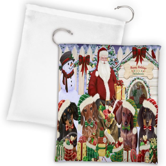 Happy Holidays Christmas Dachshund Dogs House Gathering Drawstring Laundry or Gift Bag LGB48041