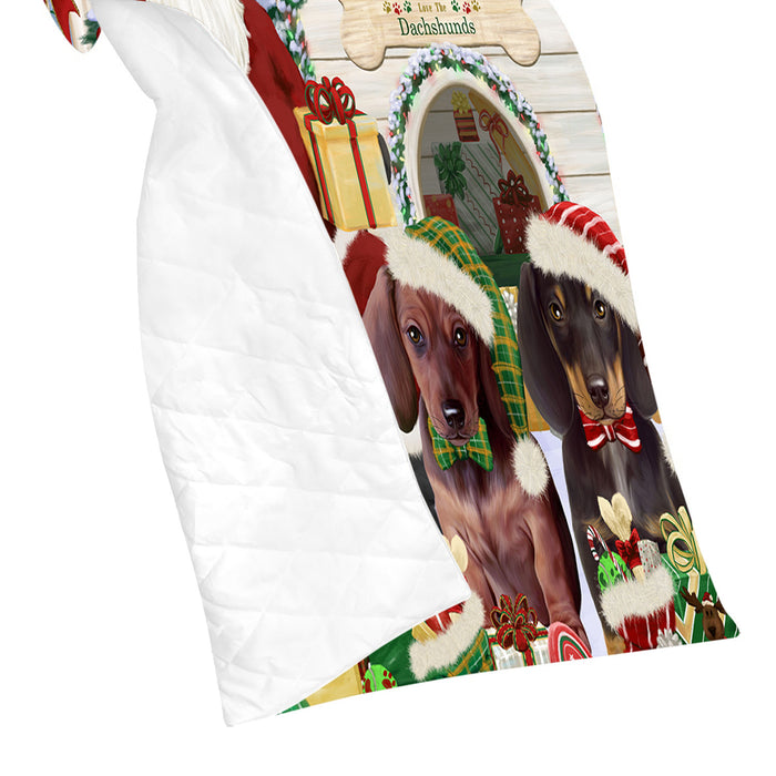 Happy Holidays Christmas Dachshund Dogs House Gathering Quilt