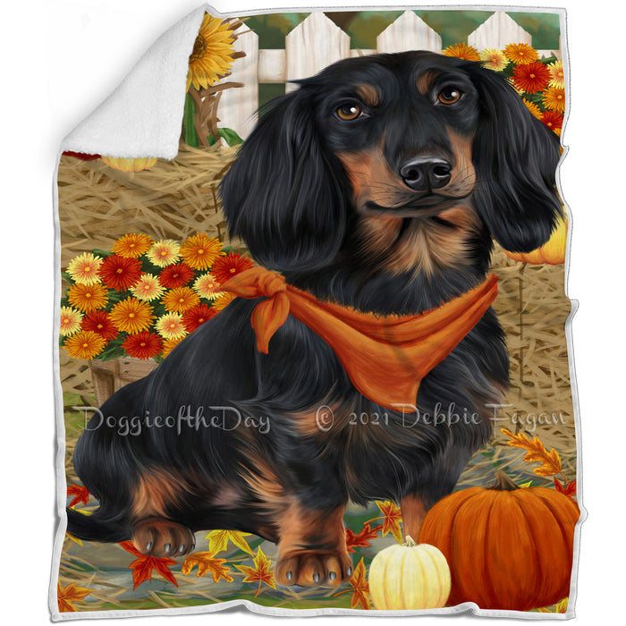 Fall Autumn Greeting Dachshund Dog with Pumpkins Blanket BLNKT72759