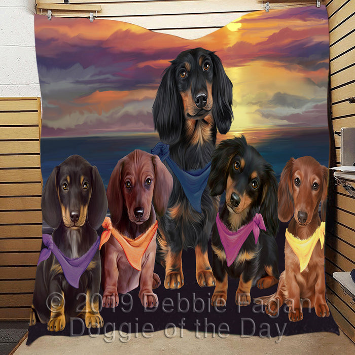 Family Sunset Portrait Dachshund Dogs Quilt
