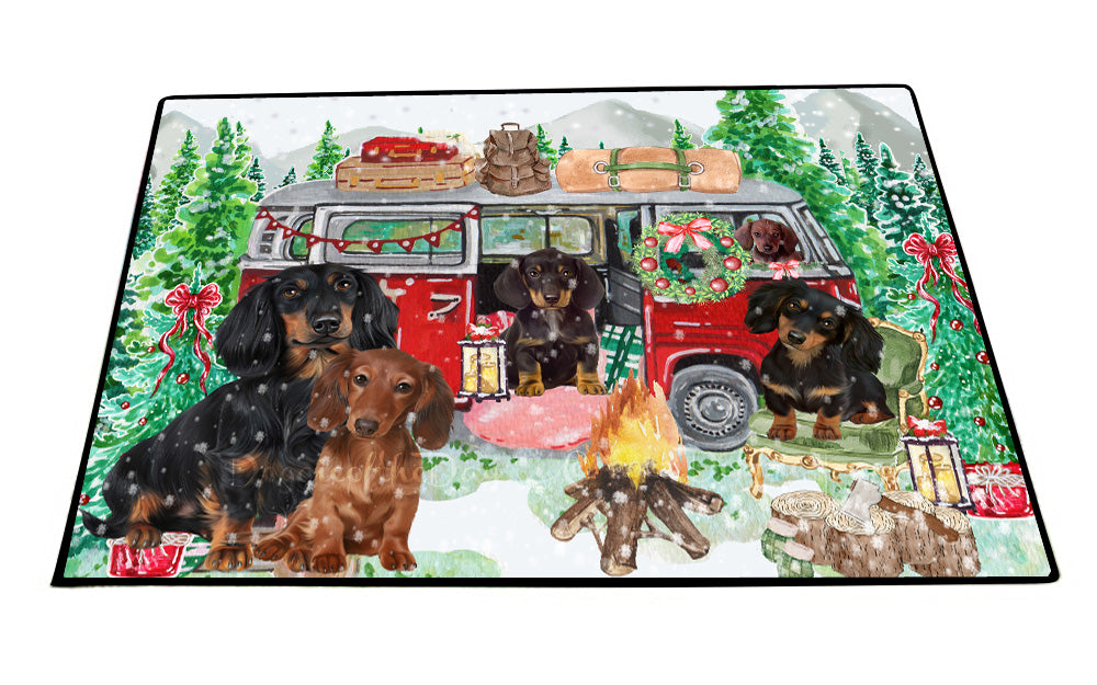 Christmas Time Camping with Dachshund Dogs Floor Mat- Anti-Slip Pet Door Mat Indoor Outdoor Front Rug Mats for Home Outside Entrance Pets Portrait Unique Rug Washable Premium Quality Mat