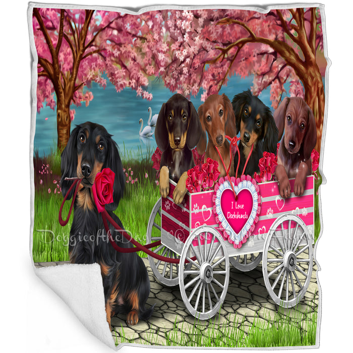 I Love Dachshund Dogs in a Cart Art Portrait Print Woven Throw Sherpa Plush Fleece Blanket
