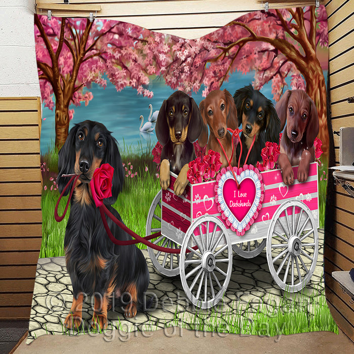 I Love Dachshund Dogs in a Cart Quilt