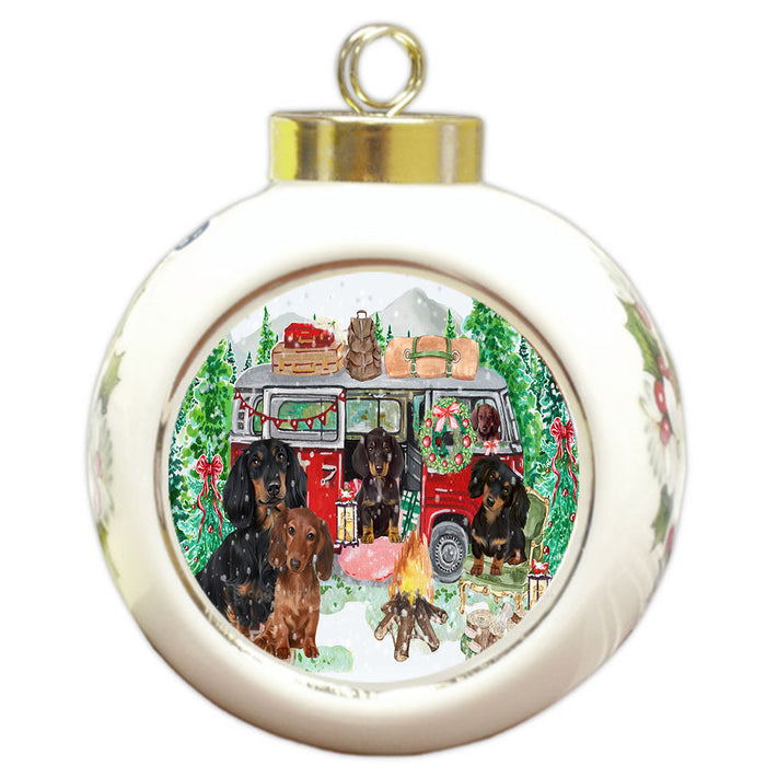 Christmas Time Camping with Dachshund Dogs Round Ball Christmas Ornament Pet Decorative Hanging Ornaments for Christmas X-mas Tree Decorations - 3" Round Ceramic Ornament