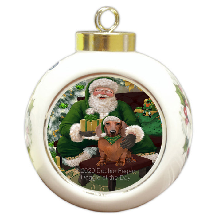 Christmas Irish Santa with Gift and Dachshund Dog Round Ball Christmas Ornament RBPOR57918