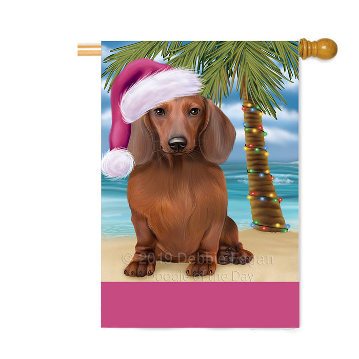 Personalized Summertime Happy Holidays Christmas Dachshund Dog on Tropical Island Beach Custom House Flag FLG-DOTD-A60524