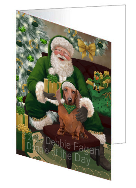 Christmas Irish Santa with Gift and Dachshund Dog Handmade Artwork Assorted Pets Greeting Cards and Note Cards with Envelopes for All Occasions and Holiday Seasons GCD75824