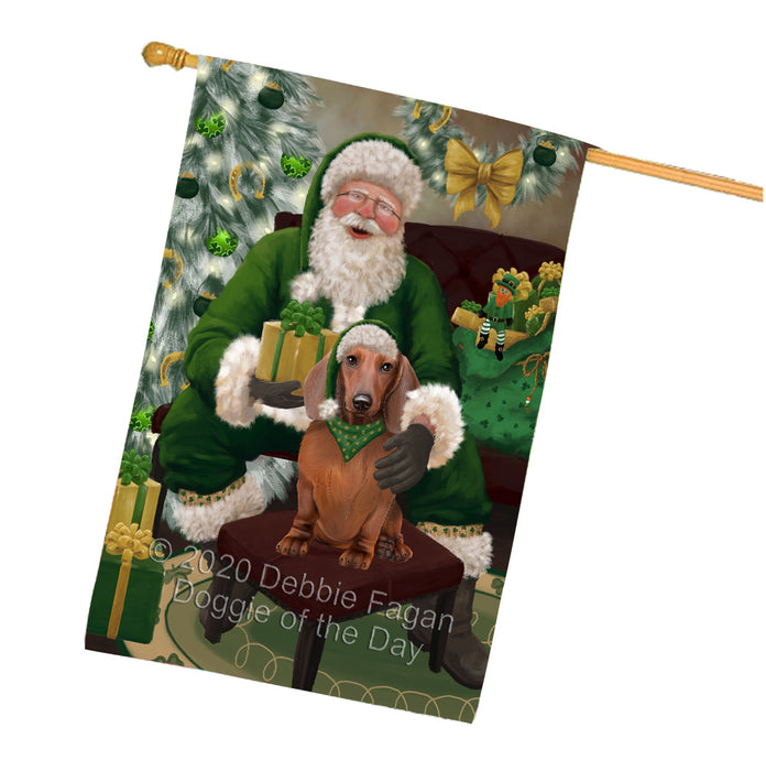 Christmas Irish Santa with Gift and Dachshund Dog House Flag FLG66690