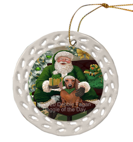 Christmas Irish Santa with Gift and Dachshund Dog Doily Ornament DPOR59480