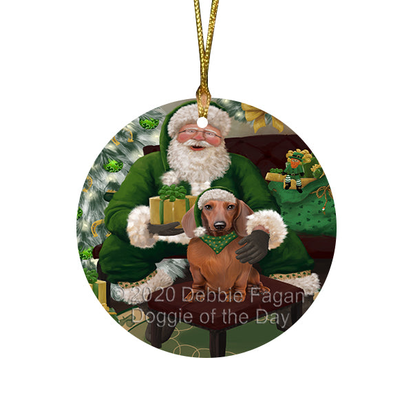 Christmas Irish Santa with Gift and Dachshund Dog Round Flat Christmas Ornament RFPOR57918