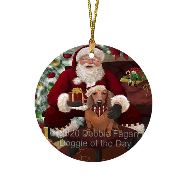 Santa's Christmas Surprise Dachshund Dog Round Flat Christmas Ornament RFPOR58016