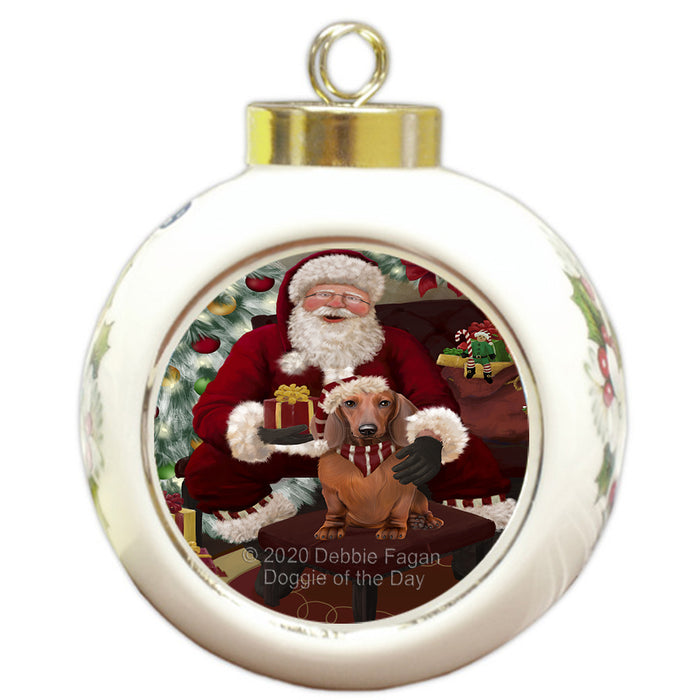 Santa's Christmas Surprise Dachshund Dog Round Ball Christmas Ornament RBPOR58016
