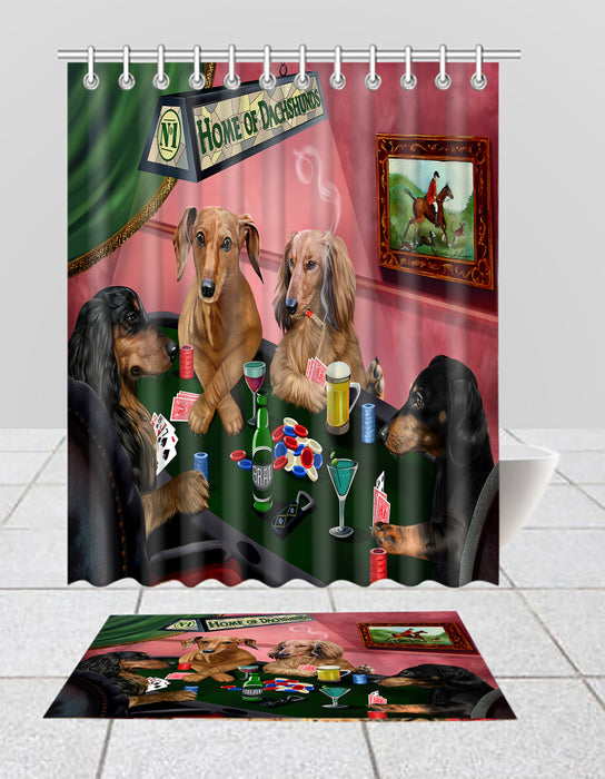 Home of  Dachshund Dogs Playing Poker Bath Mat and Shower Curtain Combo