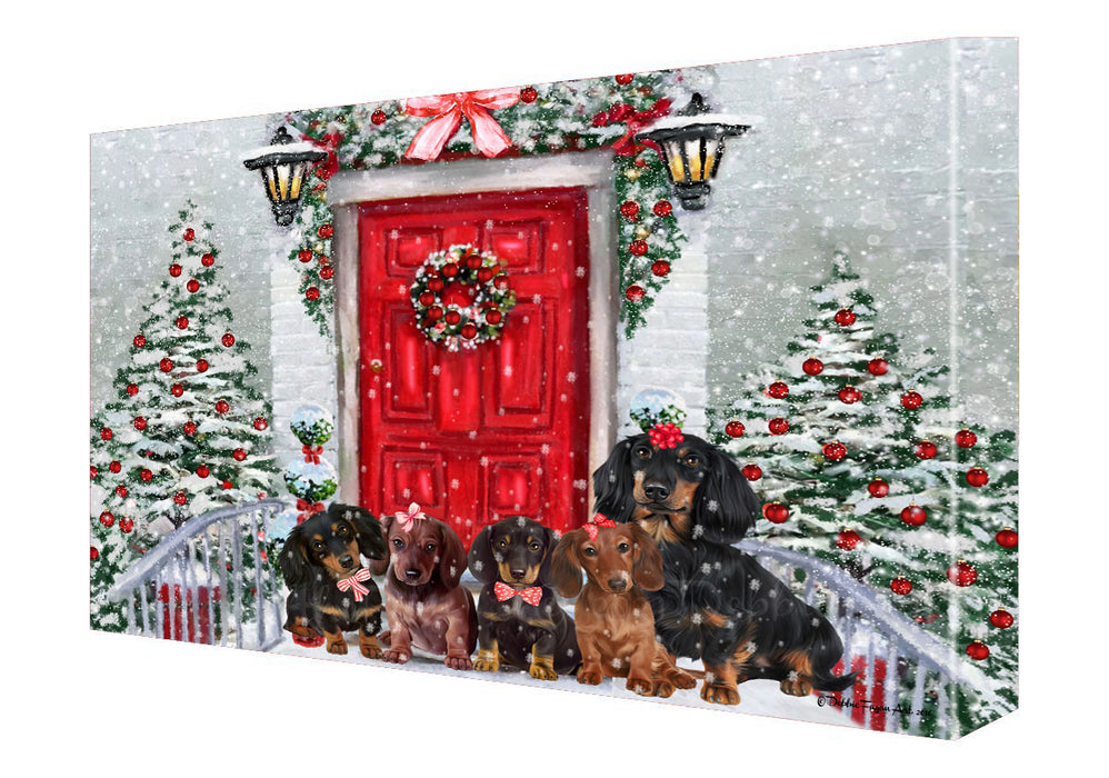 Christmas Holiday Welcome Dachshund Dogs Canvas Wall Art - Premium Quality Ready to Hang Room Decor Wall Art Canvas - Unique Animal Printed Digital Painting for Decoration