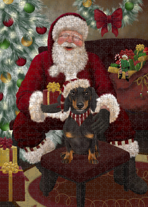 Santa's Christmas Surprise Dachshund Dog Puzzle with Photo Tin PUZL100768
