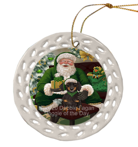 Christmas Irish Santa with Gift and Dachshund Dog Doily Ornament DPOR59481