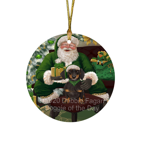 Christmas Irish Santa with Gift and Dachshund Dog Round Flat Christmas Ornament RFPOR57919