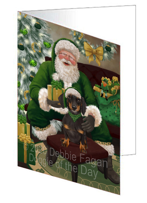 Christmas Irish Santa with Gift and Dachshund Dog Handmade Artwork Assorted Pets Greeting Cards and Note Cards with Envelopes for All Occasions and Holiday Seasons GCD75827