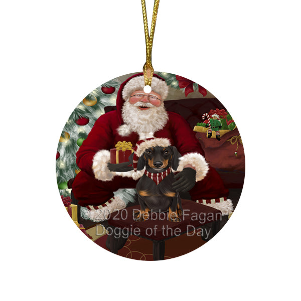 Santa's Christmas Surprise Dachshund Dog Round Flat Christmas Ornament RFPOR58017