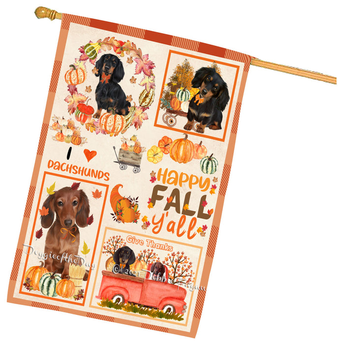 Happy Fall Y'all Pumpkin Dachshund Dogs House Flag Outdoor Decorative Double Sided Pet Portrait Weather Resistant Premium Quality Animal Printed Home Decorative Flags 100% Polyester