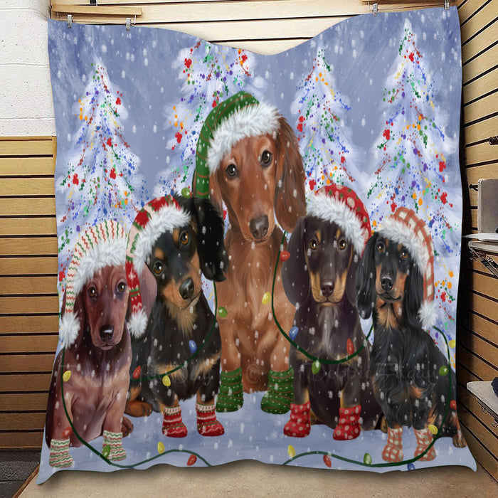 Christmas Lights and Dachshund Dogs  Quilt Bed Coverlet Bedspread - Pets Comforter Unique One-side Animal Printing - Soft Lightweight Durable Washable Polyester Quilt
