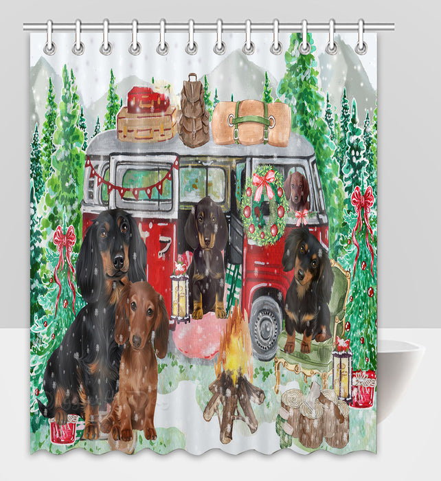 Christmas Time Camping with Dachshund Dogs Shower Curtain Pet Painting Bathtub Curtain Waterproof Polyester One-Side Printing Decor Bath Tub Curtain for Bathroom with Hooks