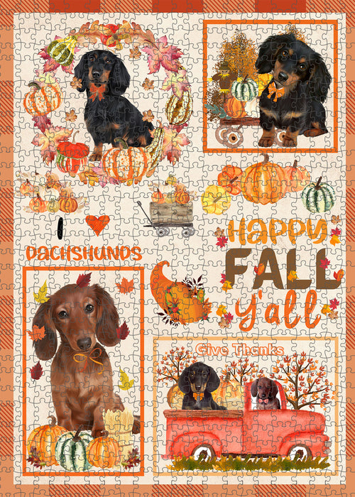 Happy Fall Y'all Pumpkin Dachshund Dogs Portrait Jigsaw Puzzle for Adults Animal Interlocking Puzzle Game Unique Gift for Dog Lover's with Metal Tin Box