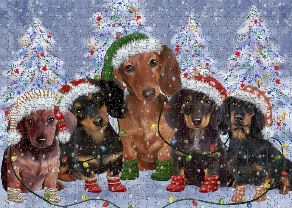 Christmas Lights and Dachshund Dogs Portrait Jigsaw Puzzle for Adults Animal Interlocking Puzzle Game Unique Gift for Dog Lover's with Metal Tin Box