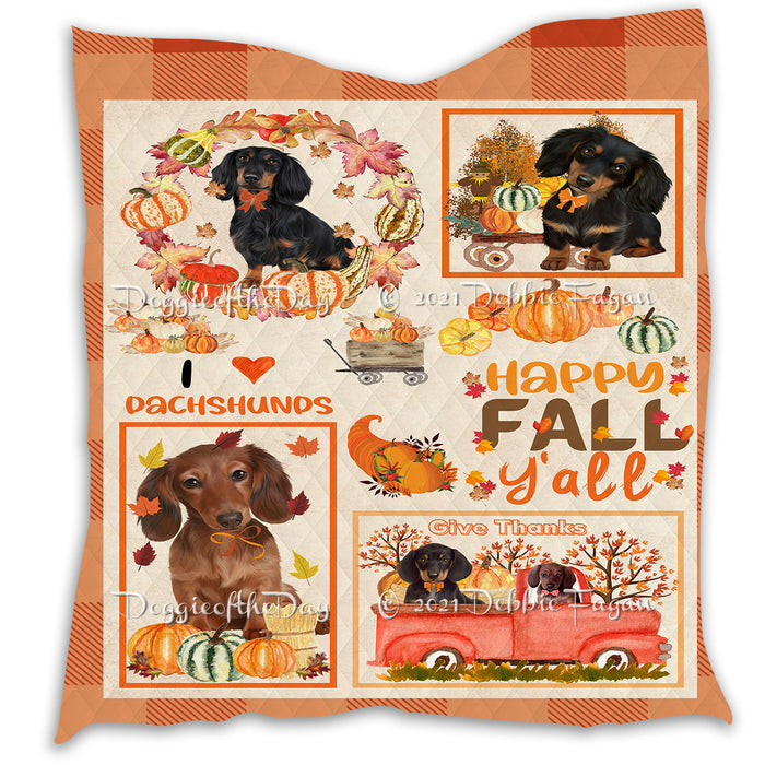 Happy Fall Y'all Pumpkin Dachshund Dogs Quilt Bed Coverlet Bedspread - Pets Comforter Unique One-side Animal Printing - Soft Lightweight Durable Washable Polyester Quilt