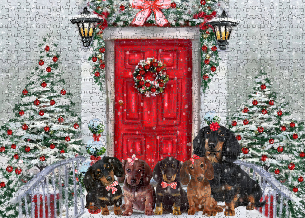 Christmas Holiday Welcome Dachshund Dogs Portrait Jigsaw Puzzle for Adults Animal Interlocking Puzzle Game Unique Gift for Dog Lover's with Metal Tin Box
