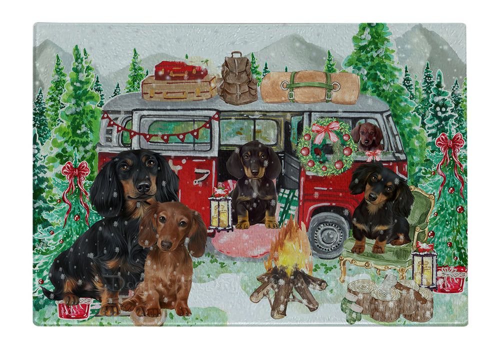 Christmas Time Camping with Dachshund Dogs Cutting Board - For Kitchen - Scratch & Stain Resistant - Designed To Stay In Place - Easy To Clean By Hand - Perfect for Chopping Meats, Vegetables