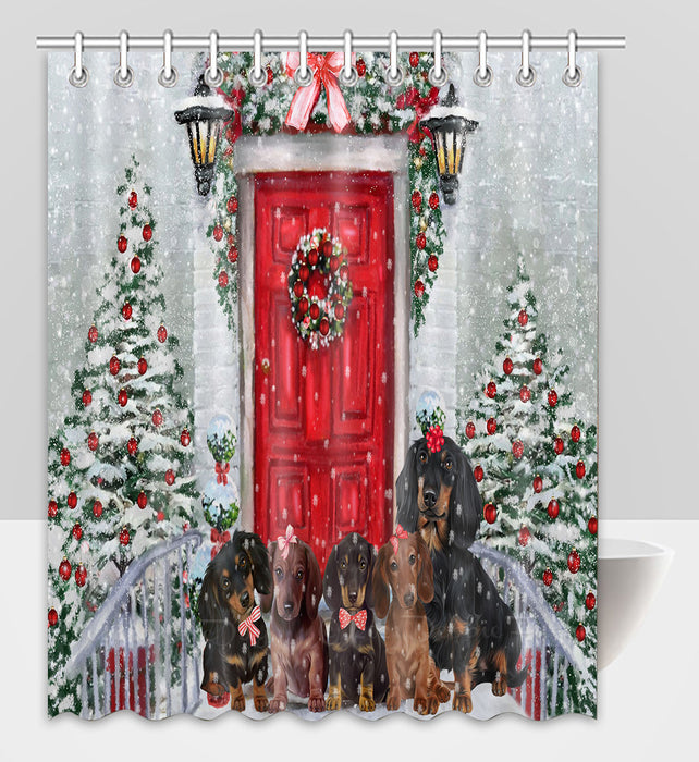 Christmas Holiday Welcome Dachshund Dogs Shower Curtain Pet Painting Bathtub Curtain Waterproof Polyester One-Side Printing Decor Bath Tub Curtain for Bathroom with Hooks