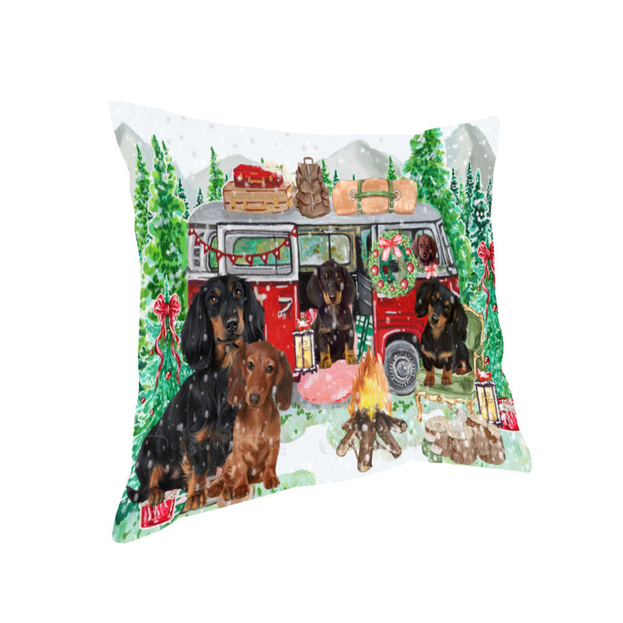 Christmas Time Camping with Dachshund Dogs Pillow with Top Quality High-Resolution Images - Ultra Soft Pet Pillows for Sleeping - Reversible & Comfort - Ideal Gift for Dog Lover - Cushion for Sofa Couch Bed - 100% Polyester