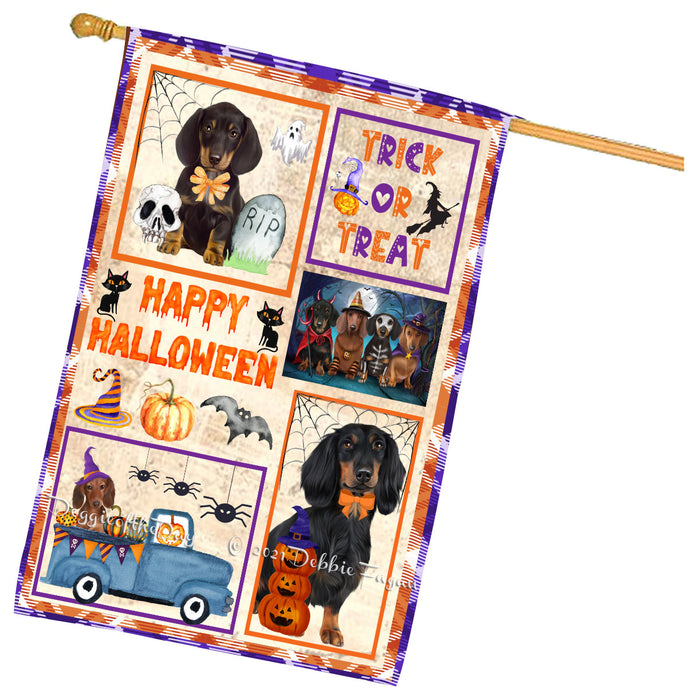 Happy Halloween Trick or Treat Dachshund Dogs House Flag Outdoor Decorative Double Sided Pet Portrait Weather Resistant Premium Quality Animal Printed Home Decorative Flags 100% Polyester