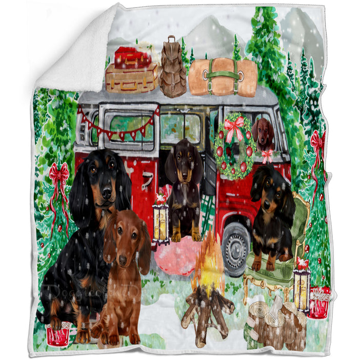 Christmas Time Camping with Dachshund Dogs Blanket - Lightweight Soft Cozy and Durable Bed Blanket - Animal Theme Fuzzy Blanket for Sofa Couch