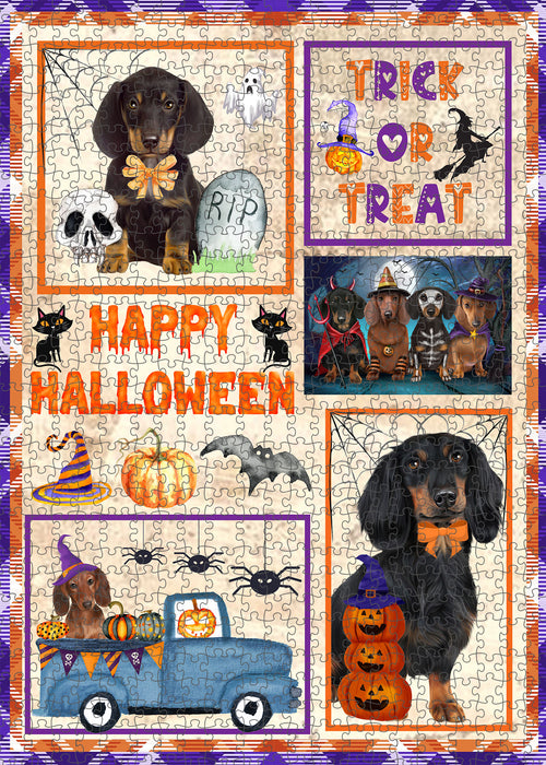 Happy Halloween Trick or Treat Dachshund Dogs Portrait Jigsaw Puzzle for Adults Animal Interlocking Puzzle Game Unique Gift for Dog Lover's with Metal Tin Box
