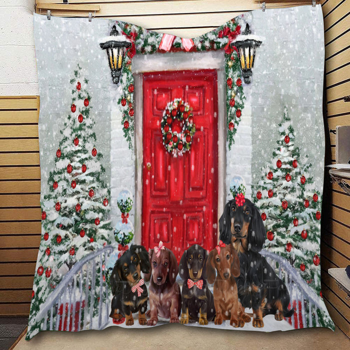 Christmas Holiday Welcome Dachshund Dogs  Quilt Bed Coverlet Bedspread - Pets Comforter Unique One-side Animal Printing - Soft Lightweight Durable Washable Polyester Quilt