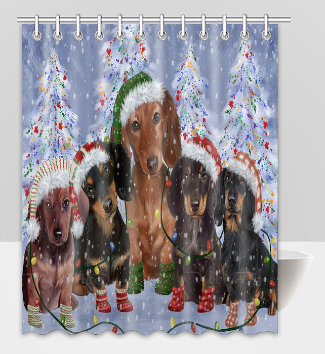 Christmas Lights and Dachshund Dogs Shower Curtain Pet Painting Bathtub Curtain Waterproof Polyester One-Side Printing Decor Bath Tub Curtain for Bathroom with Hooks