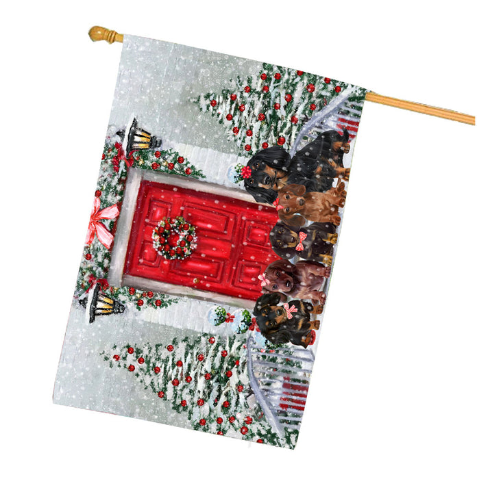 Christmas Holiday Welcome Dachshund Dogs House Flag Outdoor Decorative Double Sided Pet Portrait Weather Resistant Premium Quality Animal Printed Home Decorative Flags 100% Polyester
