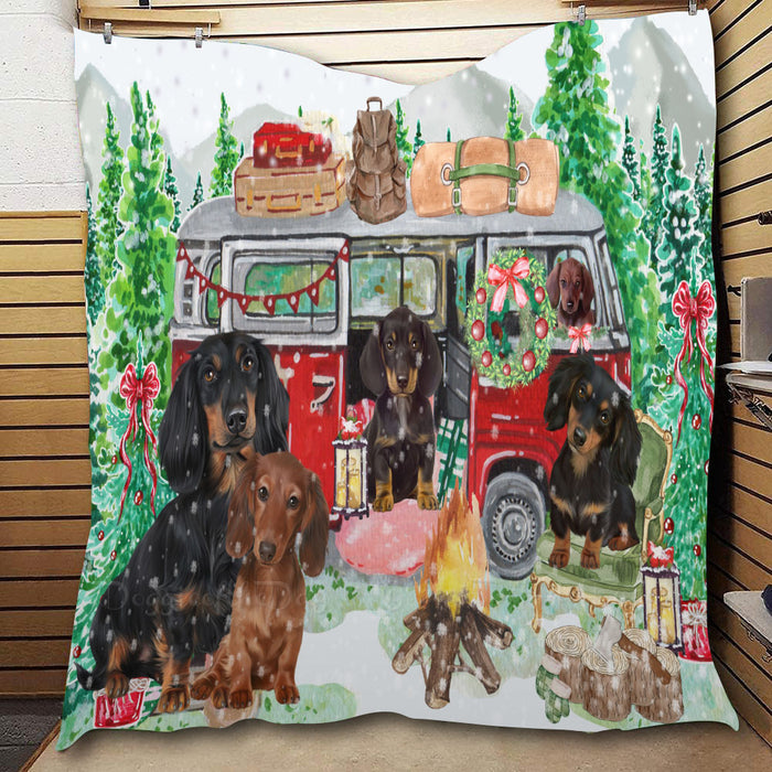 Christmas Time Camping with Dachshund Dogs  Quilt Bed Coverlet Bedspread - Pets Comforter Unique One-side Animal Printing - Soft Lightweight Durable Washable Polyester Quilt